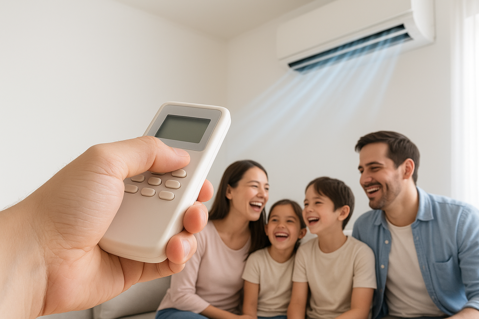 Familia disfrutando aire acondicionado instalado por Clima360 en Santiago
